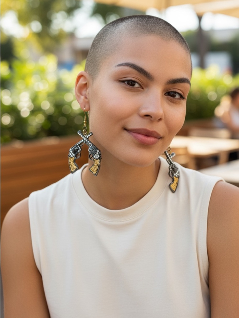 Rhinestone Crossed Pistol Dangle Earrings - Gold & Gunmetal